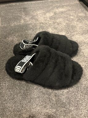 UGG Fluff Yeah Black Sheepskin Slingback Platform Slippers